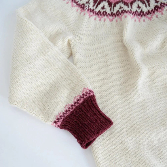 Vintage Handmade Grandma Cream Knit Pink Fair Isle Icelandic Fisherman Sweater M - Picture 8 of 13
